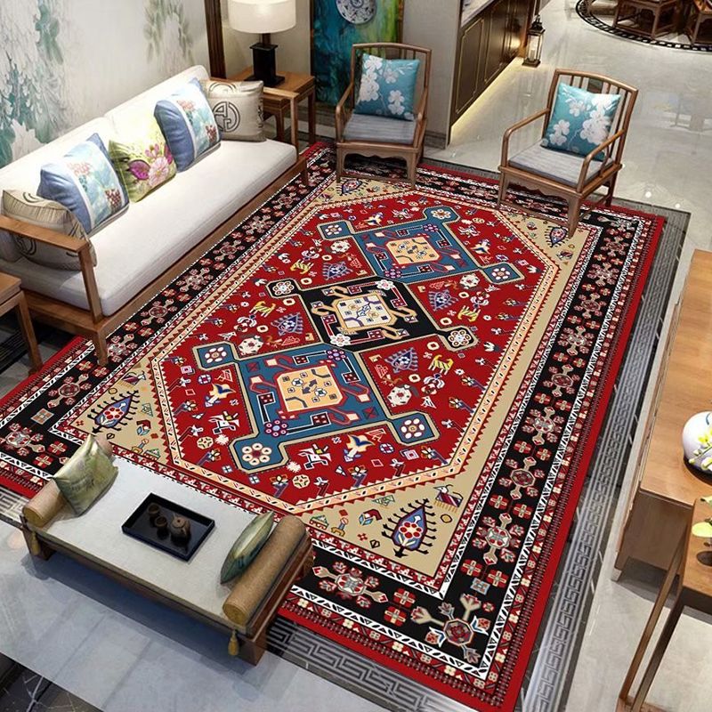 Fancy Red Area Rug Medallion Print Polyester Area Carpet Stain Resistant Rug for Home Decor