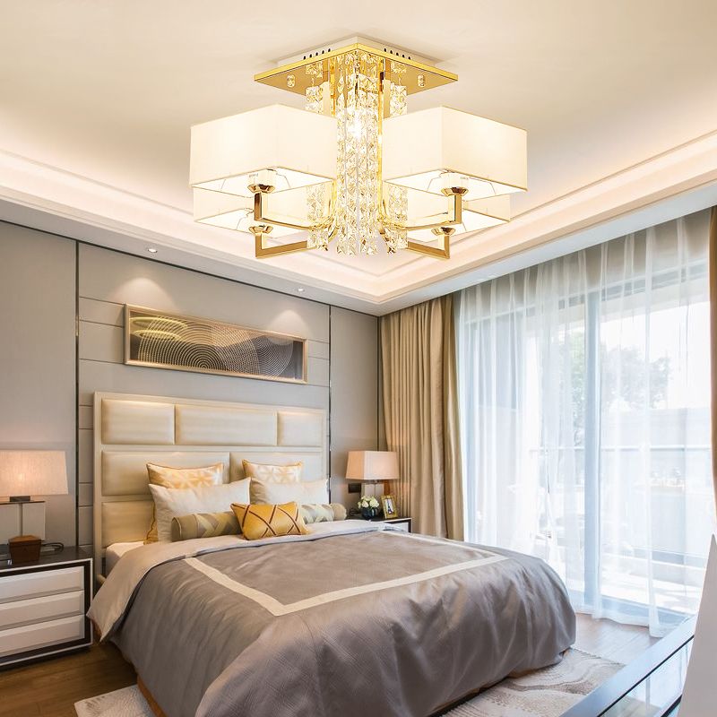 Modern Rectangle Ceiling Light Fabric and Metal Multi Light Semi Mount Lighting with Clear Crystal Deco in White, 23"/32.5" W