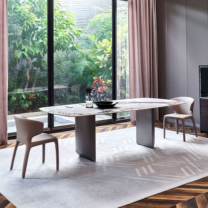 Rectangle Sintered Stone Dining Table Modern Table in White with Metal Double Pedestal