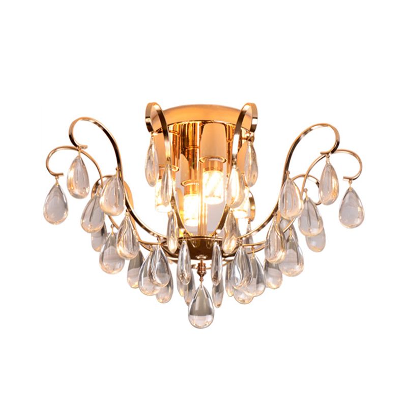 Gold Scroll Flush Mount Chandelier Vintage Crystal Droplet 4-Bulb Hotel Ceiling Light Fixture