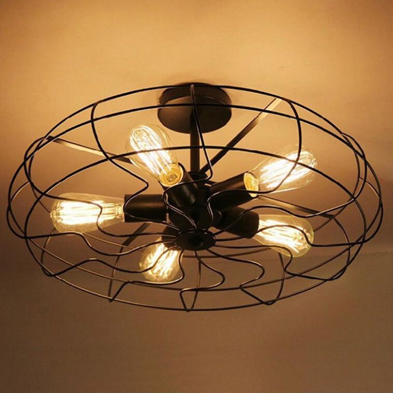 Montaje semi descarga negro de 5 luces en estilo industrial Luz de techo de hierro forjado para lugar comercial