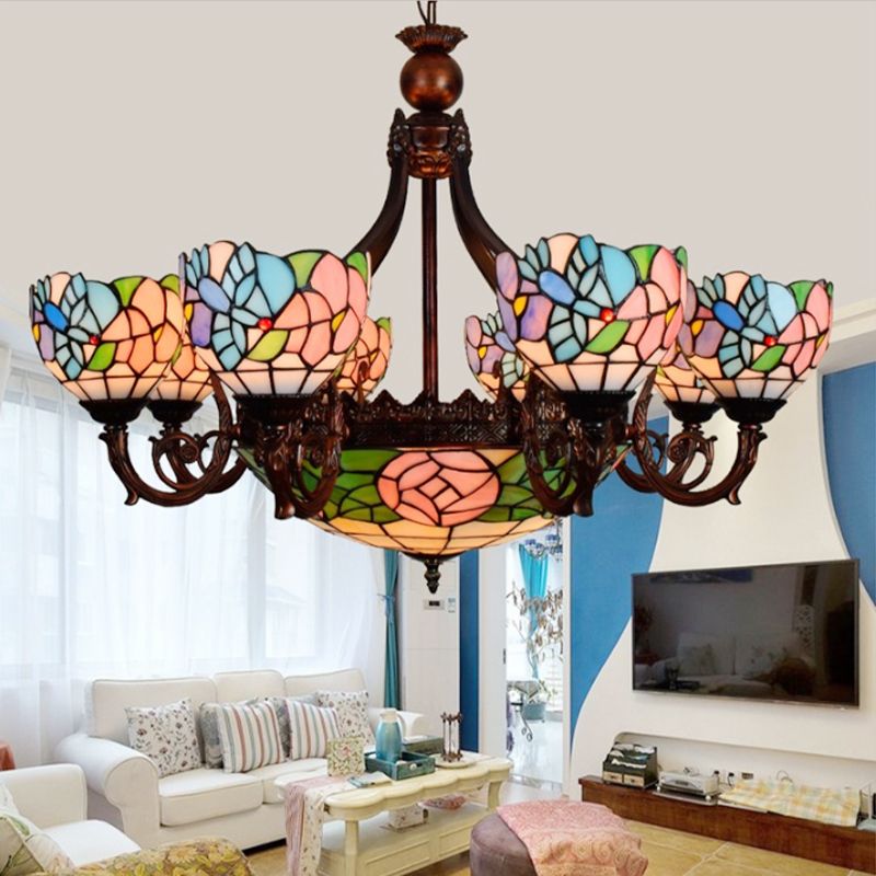 Lampadario a rosa a più testa rosa tiffance rustica in vetro colorato appeso in rosa per villa