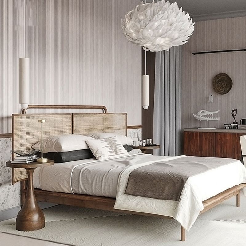 No Distressing Tropical Panel Bed Solid Wood Standard Bed with Headboard