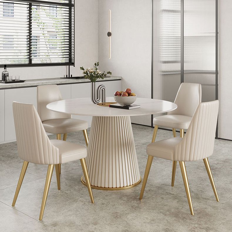 Stone Top Dining Table Round Table with Wood Pedestal Base in White