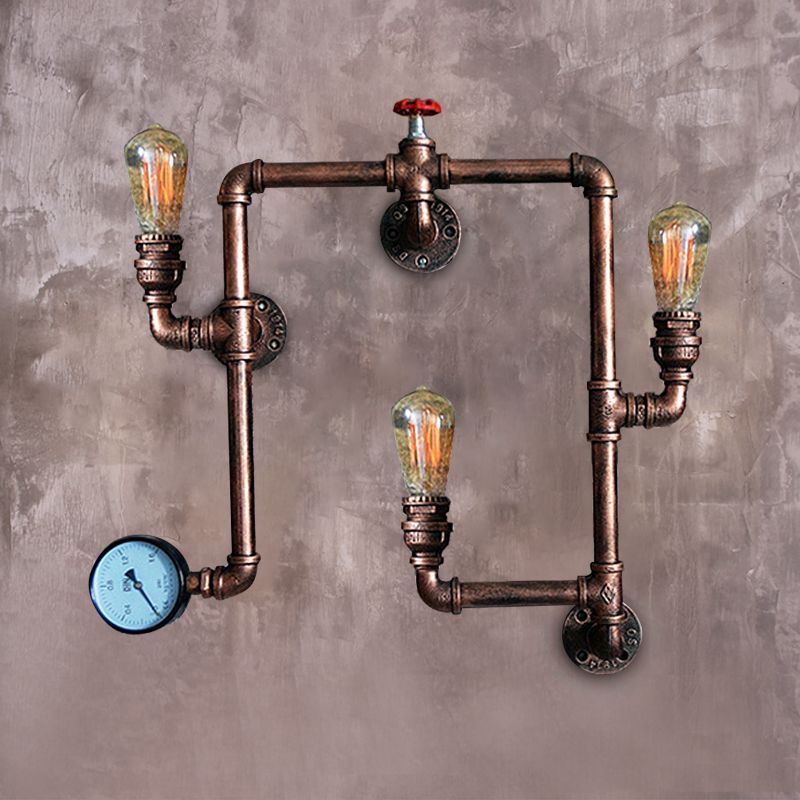3 Bulbs Wall Lighting Farmhouse Water Pipe Wrought Iron Sconce Light with Valve and Gauge in Rust Finish