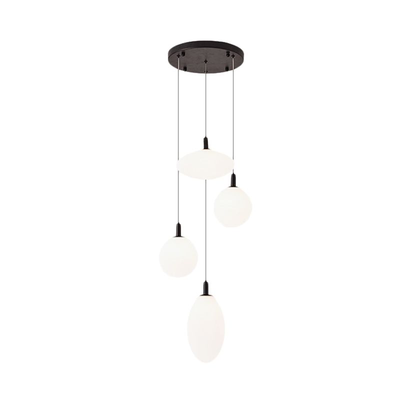 Gold/Black Ball and Oval Cluster Pendant Minimalism 4 Lights Cream Glass Hanging Lamp with Round Canopy