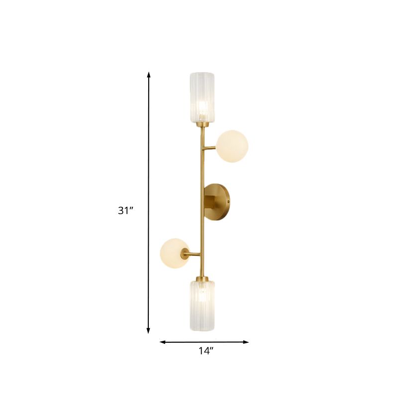 Metal Pencil Arm Wall Mounted Lamp Modernism 4-Light Gold Finish Wall Light Fixture with Cylinder and Orb Glass Shade