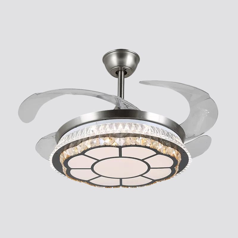 Silberschicht 4 Blades Halbflush Mount Modernismus LED Crystal Anhänger Lüfterleuchte, 19 "breit