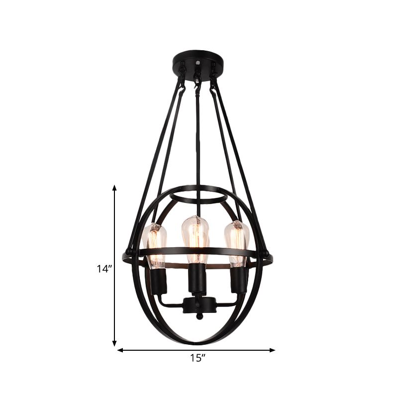 Lustre en métal sphérique Lumière traditionnelle 3 lumières Pendre d'éclairage en noir