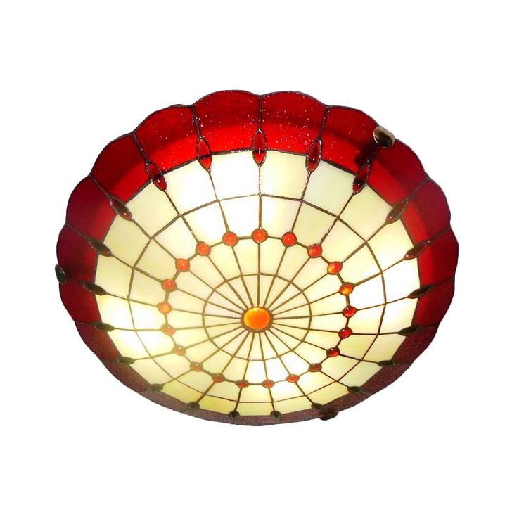 Bedroom Ceiling Light Tiffany Style 12"/16"/19.5" W Dome Shade Flush Mount Light with Jewel Decoration in Red