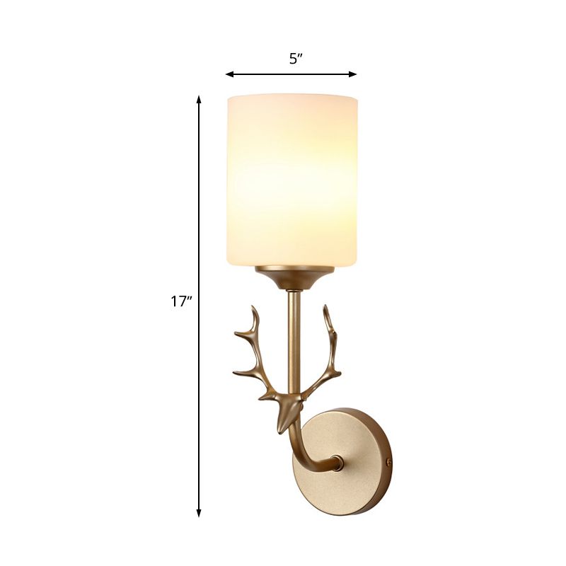 Lámpara de pared de pared negro/latón 1 lámpara de pared cilíndrica de vidrio blanco rural para sala de estar