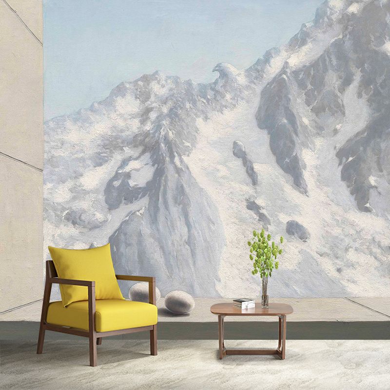 Grey-White Snow Mountain Mural Wallpaper Stain Resistant Wall Art for Living Room