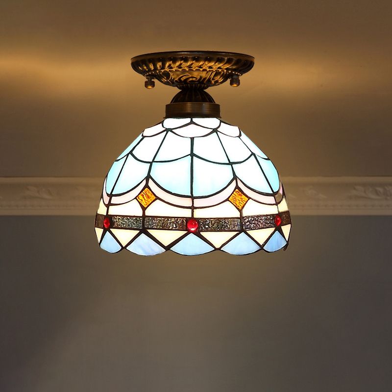 Decorative Dome Shade Semi Flush Mount 1-Light Stained Glass Ceiling Mounted Light