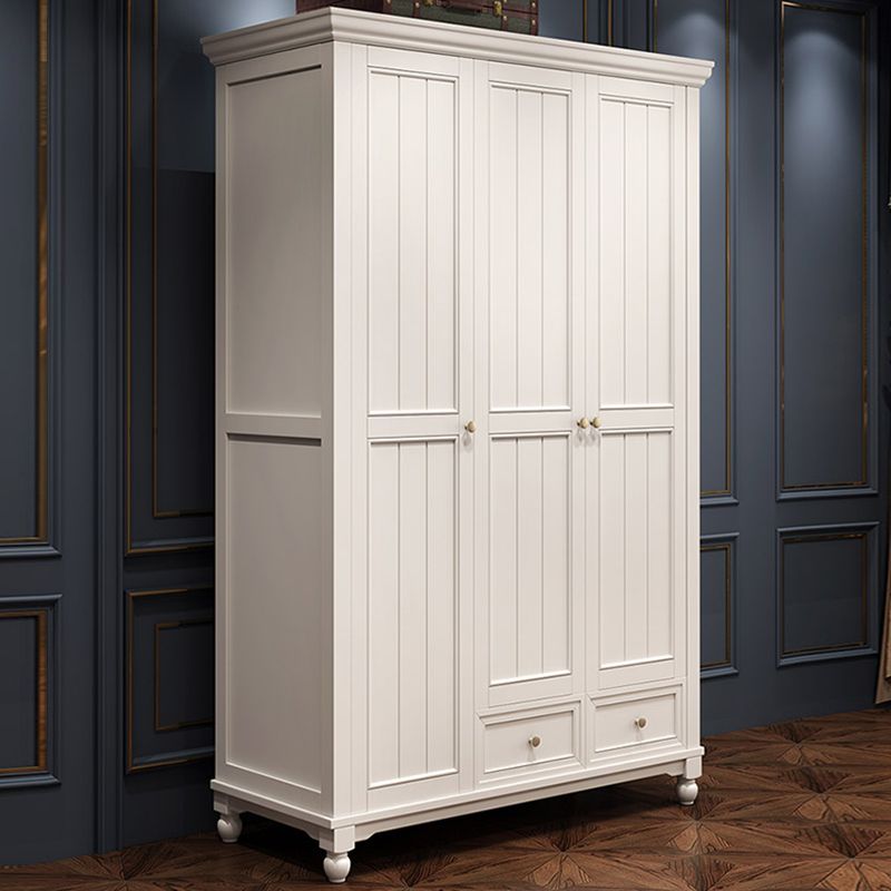 French Country White Wardrobe for Bedroom Rubberwood Cabinet with Drawers