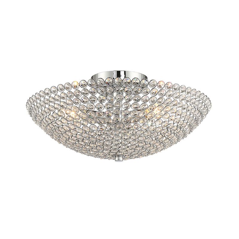 Clear K9 Crystal Bowl Semi Ceiling Flush Mount Contemporary Triple Light Chrome Close to Ceiling Light