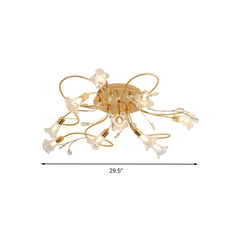 Crystal Floral Semi Flush Mount Modern 10/15 Heads Close to Ceiling Lighting in Gold for Living Room