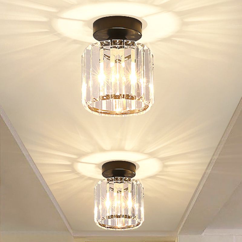 Drum Clear Crystal Semi Flush Mount Metal Modern Semi Flushmount Ceiling Light for Hallway