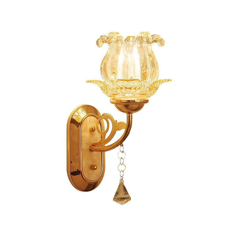 1/2-Bulb Bedside Wall Sconce Lamp Vintage Style Golden Wall Light with Flower Amber Glass Shade and Pull Chain