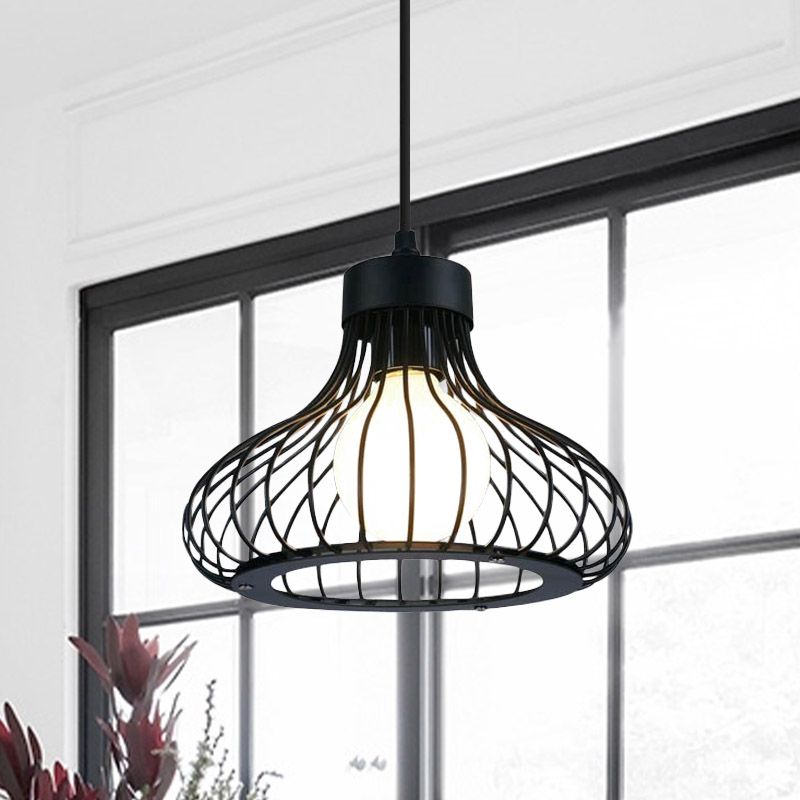 1 leichte Zwiebeldecke Hanges Licht mit Drahtkäfig Retro Black Metall Anhänger Beleuchtung für Küche