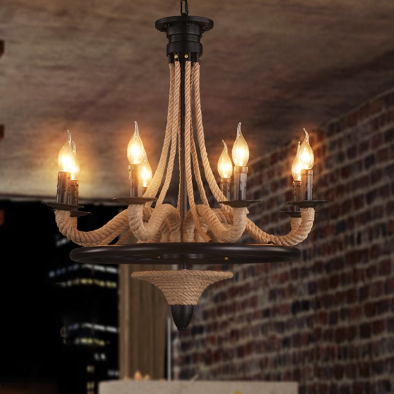 Seilkerze hängende Kronleuchter Bauernhaus 8 Lampen Restaurant Anhänger Licht in Schwarz mit Raddesign