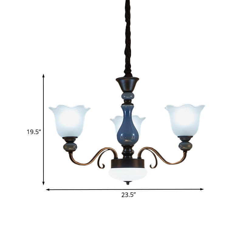 Blue Floral Shape Hanging Chandelier Countryside Milk Glass 3 Bulbs Dining Room Pendant Light Kit with Swirled Arm