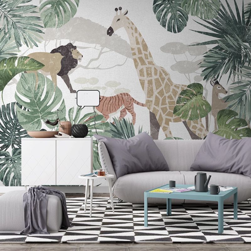 Nordic Animal and Forest Mural in Green Guest Room Wall Art, Personalized Size Available