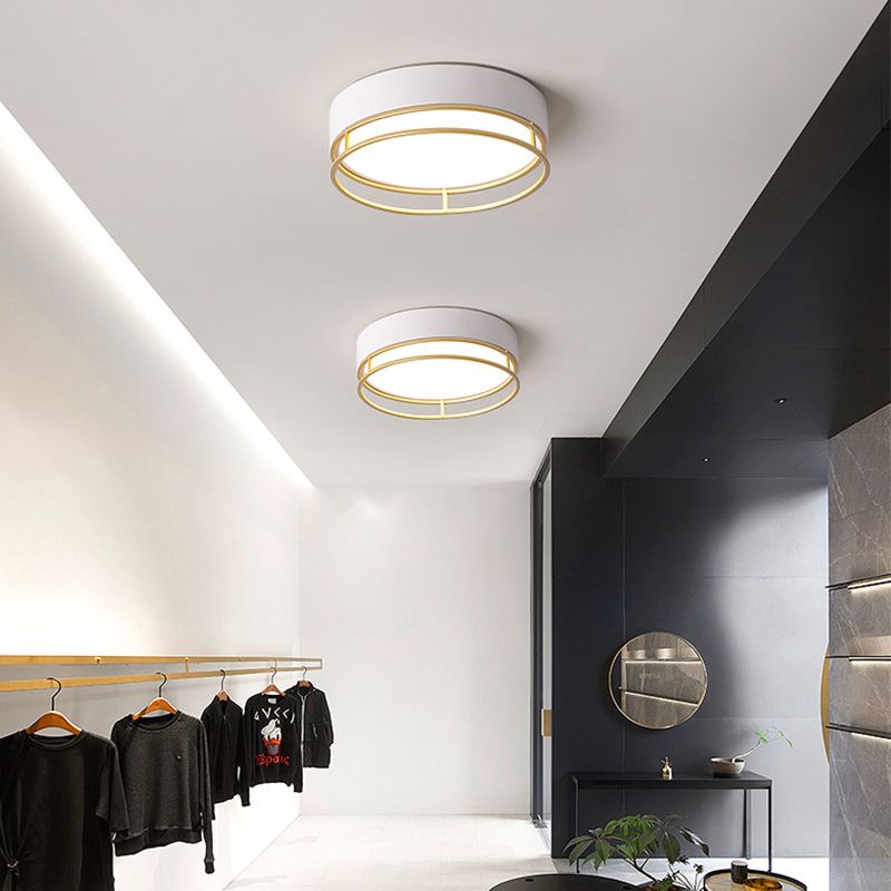 Modernism Drum Flush Mount Lighting Metal Corridor White LED Ceiling Light, Warm/White/3 Color Light