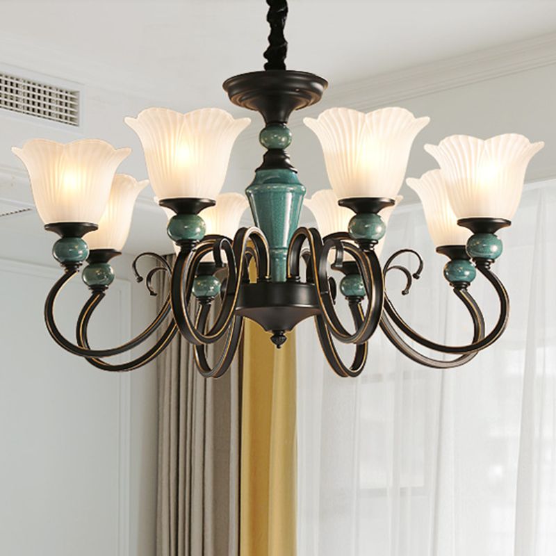 Flower Shade Ribbed Ruffled Glass Ceiling Lighting Traditional Living Room Chandelier Light Fixture