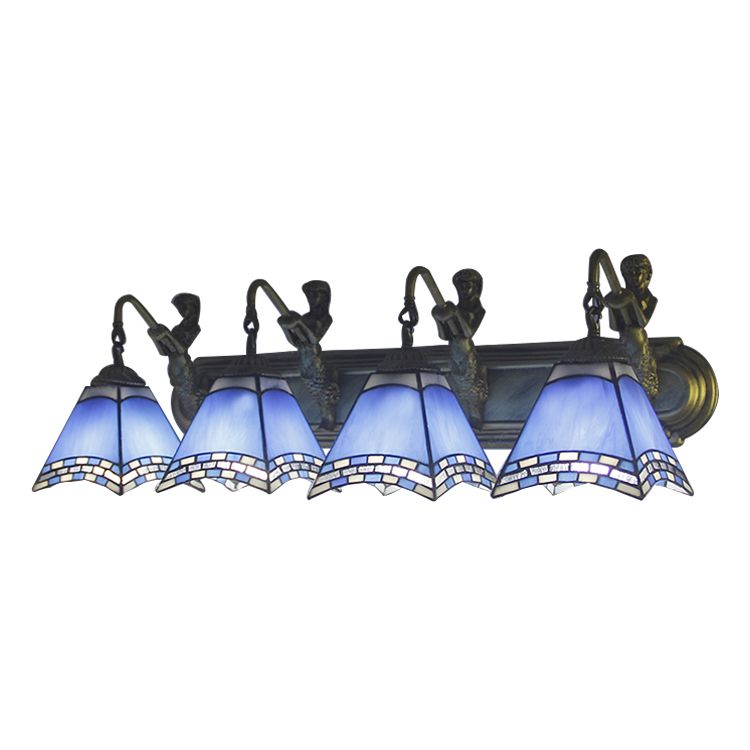Trapezoid Wall Mount Light 4 Heads Dark Blue/Light Blue Glass Tiffany Sconce Light Fixture