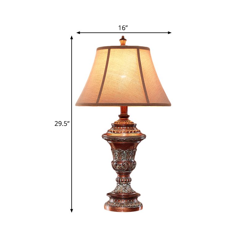 Vintage Style Bell Shade Nightstand Lamp 1 Bulb Fabric Desk Light in Red Brown with Urn-Shaped Base, 25"/29.5" H