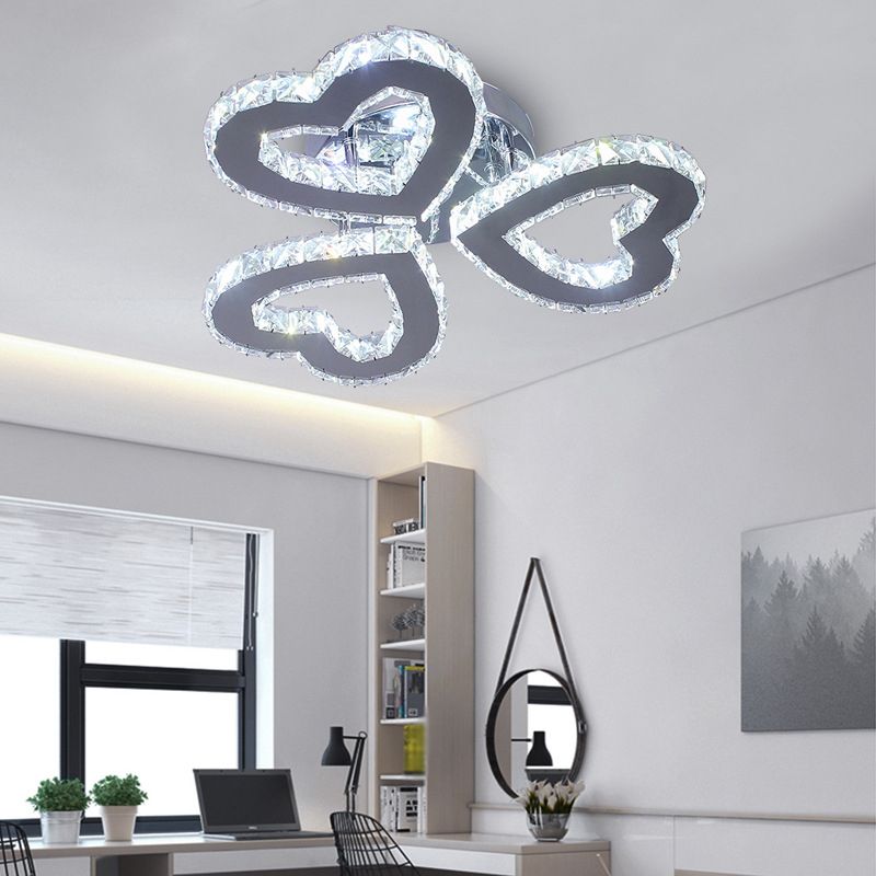 Stainless Steel Heart Shaped Semi Flush Minimalist Crystal LED Ceiling Light for Bedroom
