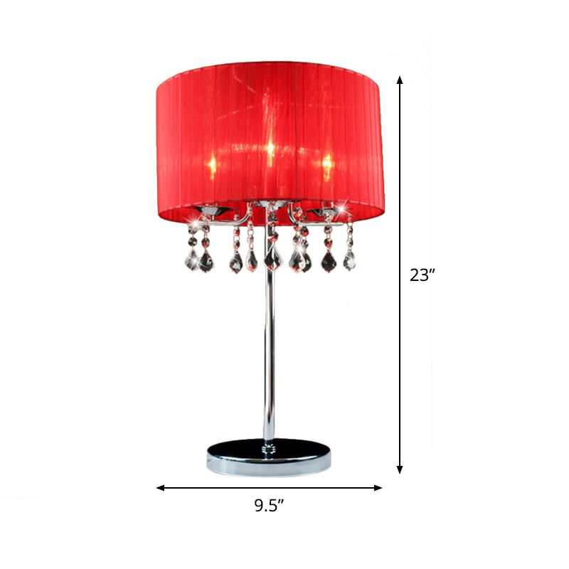 Lampe de bureau cylindrique en tissu, lampe de table de nuit moderne à 1 ampoule en rouge avec larme de cristal