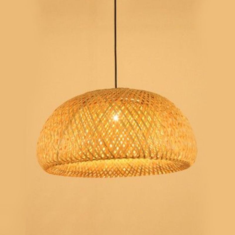 Dome Shade Pendant Light Fixture Asian Bamboo 1 Bulb Dining Room Drop Light