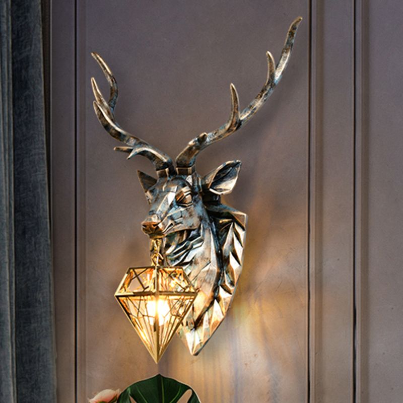 Wandleuchte im Vintage-Stil, Diamant-Messing-Metall-Wandleuchte, 1-flammig, mit Harz-Hirsch-Dekoration, 16"/18,5" breit