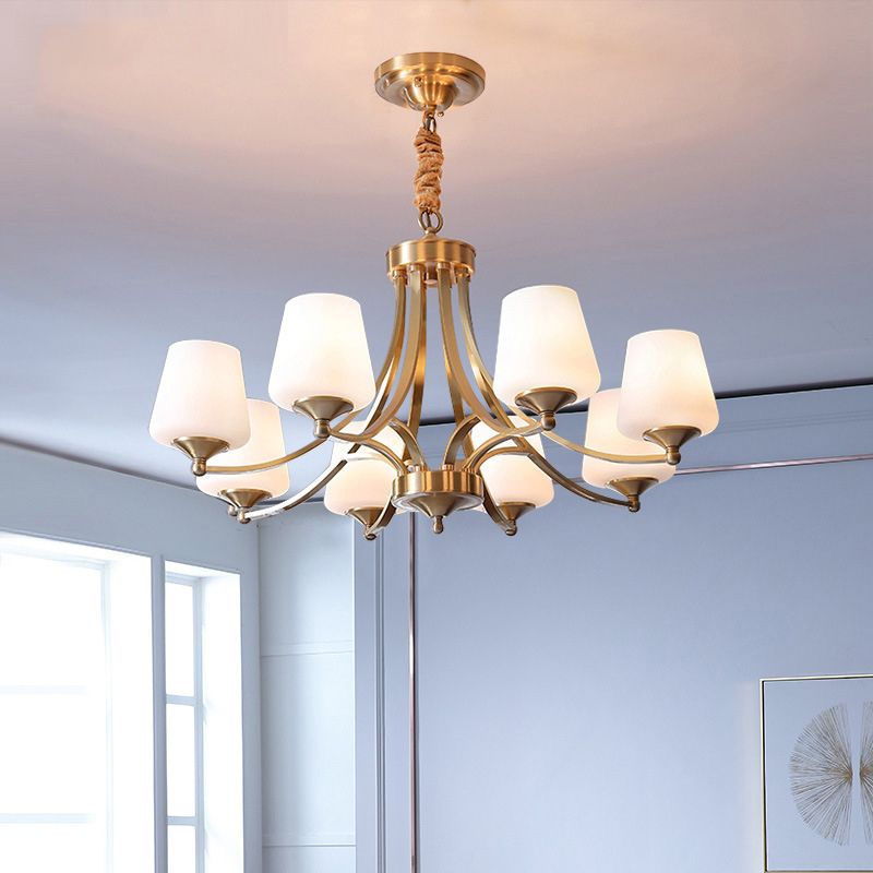 Traditional Tapered Hanging Ceiling Light Opaline Glass Chandelier Lighting in Brass