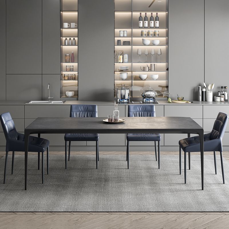 Modern Rectangular Grey Stone Top Dining Table with 4 Black Legs