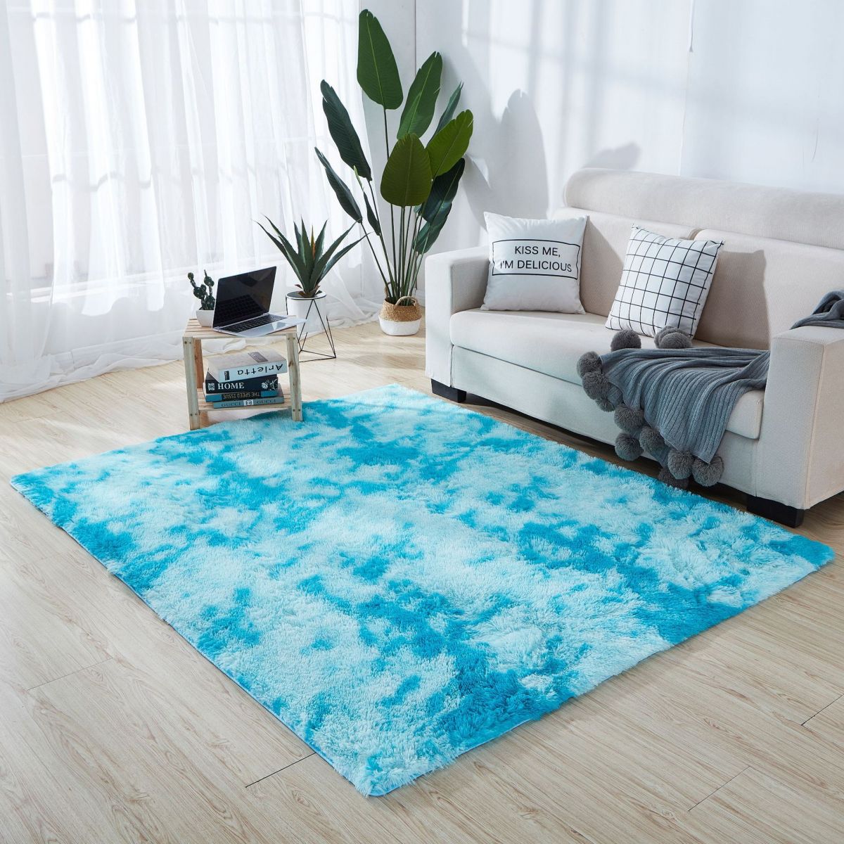 Minimalist Living Room Rug Simple Tie Dye Print Carpet Polyester Shag Rug with Non-Slip Backing