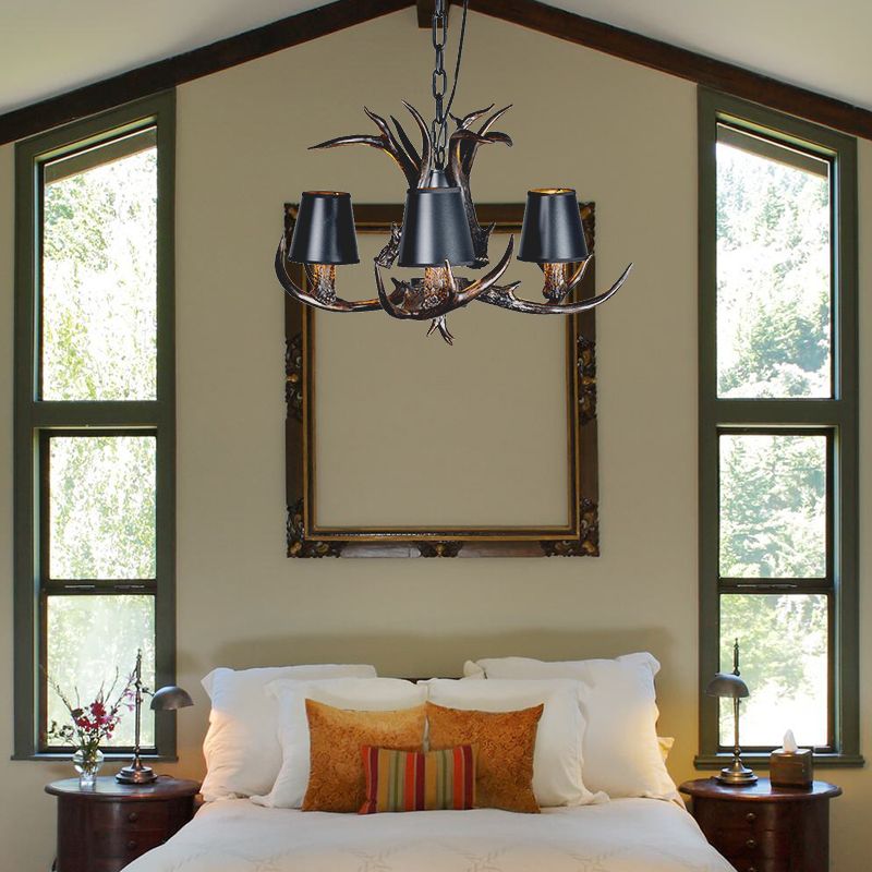 Black 3/6/8 Lights Chandelier Lighting Rustic Resin Conical Pendant Lamp with Faux Antler for Bedroom