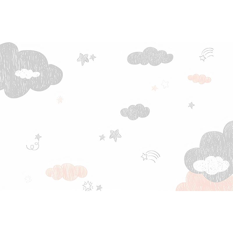 Cute Cloud Wall Decor for Children Fresh Wall Mural in Grey and Pink, Made to Measure