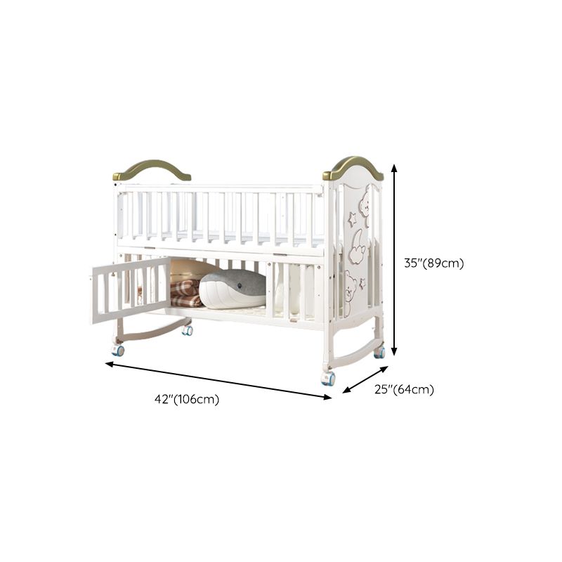 Modern Pine Wood Baby Crib with Casters and Mattress, White Upholstered Arched Crib