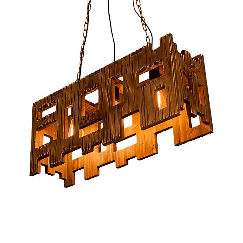 Brown Rectangle Pendant Fixture Antique Etched Wood 1/2/3-Light Dining Room Hanging Ceiling Light