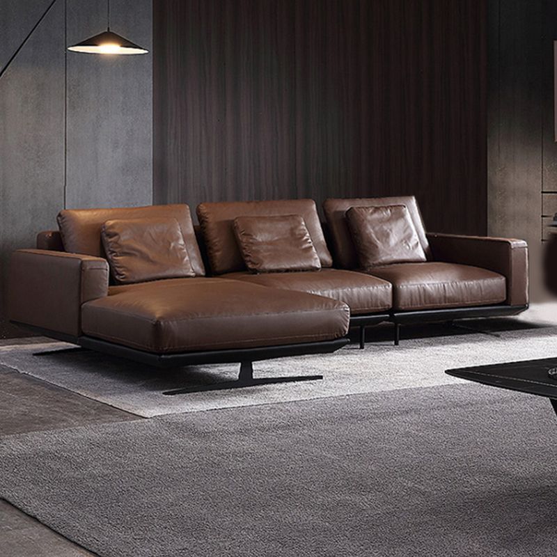 Square Arm Sofa and Chaise Genuine Leather Dark Brown Sectional for Living Room