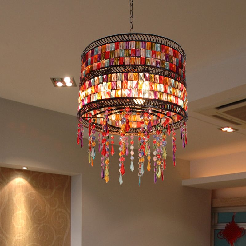 Metal Drum Chandelier Pendant Light Art Deco 3 Heads Living Room Drop Lamp in Bronze with Crystal Draping