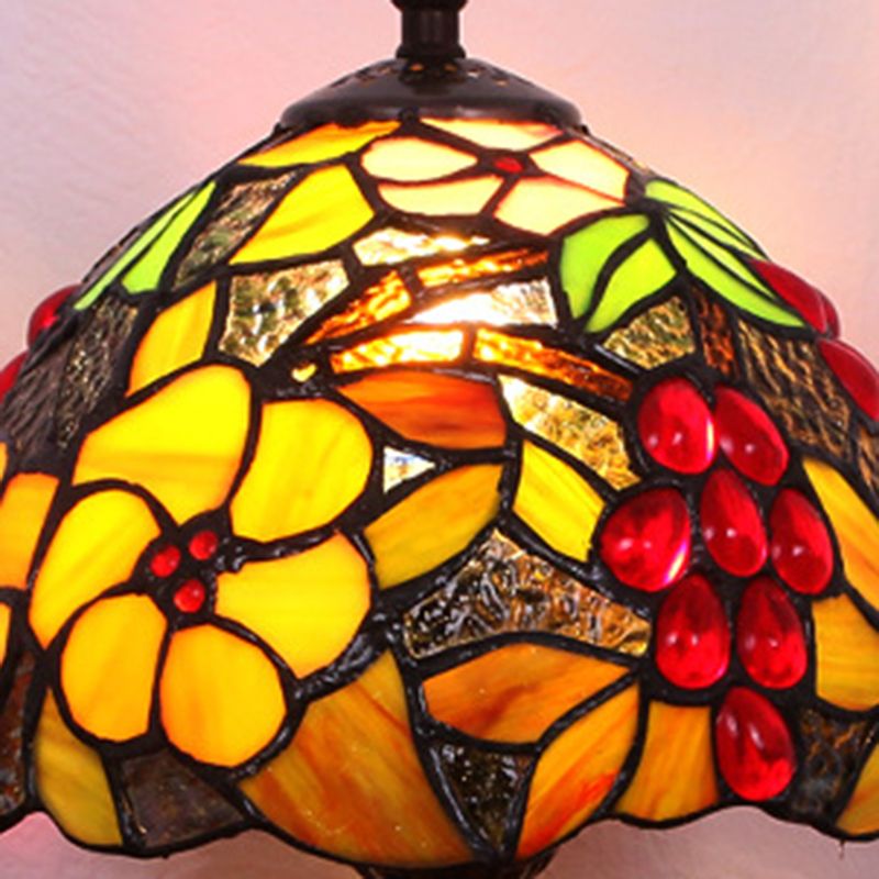 Stained Glass Red Table Light Flower and Grapes Pattern 1 Head Tiffany Night Stand Lamp
