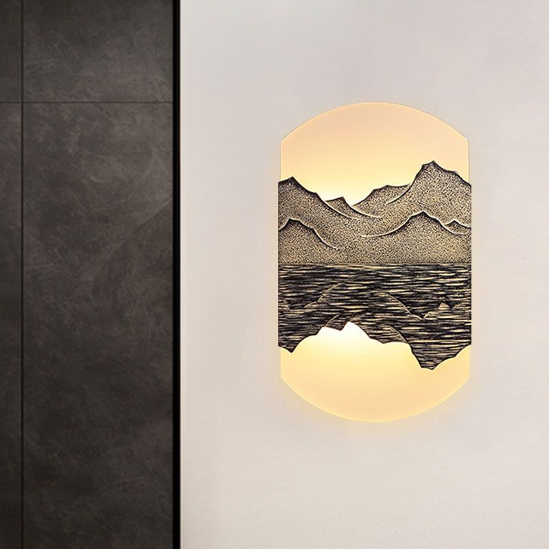Fan/Oval Corridor Mountain Wall Mural Light Acrylic LED Oriental Style Wall Mount Light Fixture in Silver/Brown