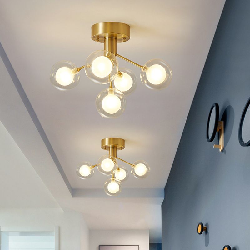Ball Semi Flush Mount Chandelier Modern Clear and Frosted Glass 5-Light Corridor Ceiling Light