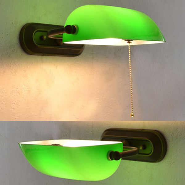 Green Banker Wall Light without/with Pull Chain Tiffany Stained Glass 1 Head Wall Mount Fixture for Bedside