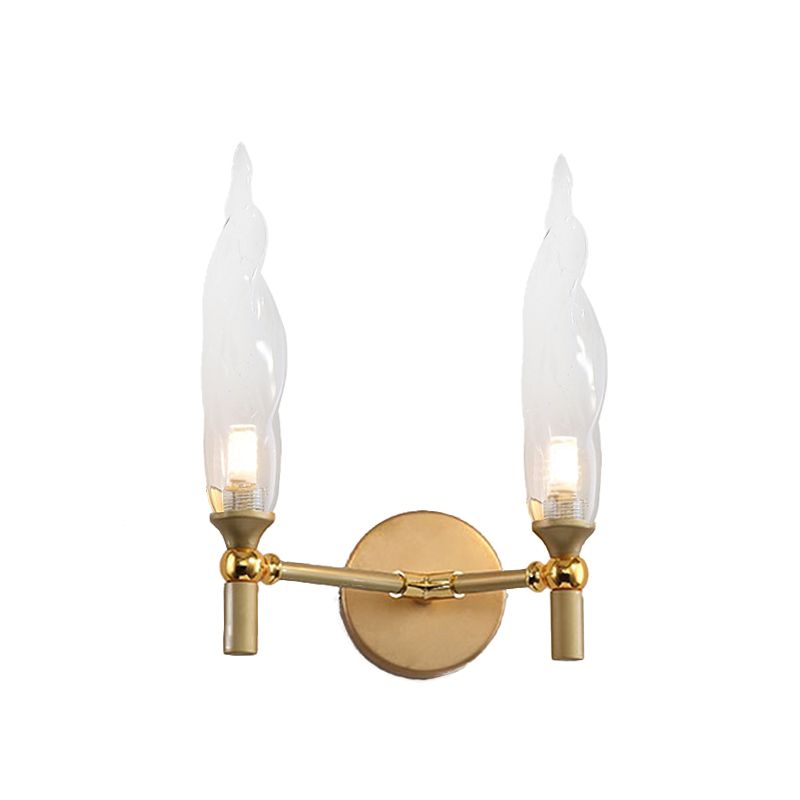 Double Arm Wall Lighting Modernism Metal 2 Bulbs Living Room Wall Mount Sconce in Gold with Torch Clear Glass Shade