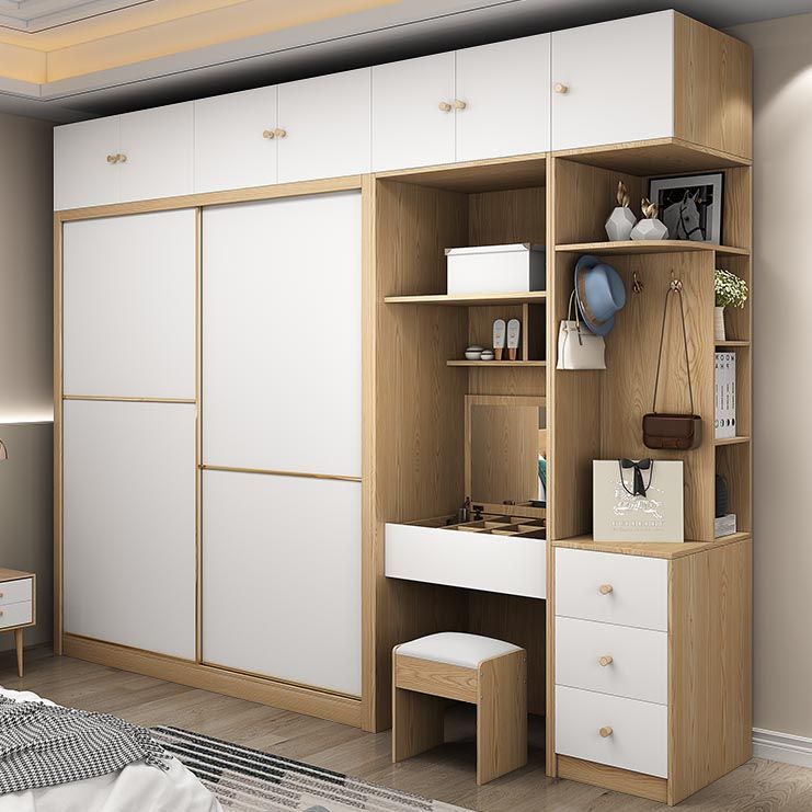 2 Door Clothes Rail Wardrobe Engineered Wood Industrial ArmoireLight Wood Finish