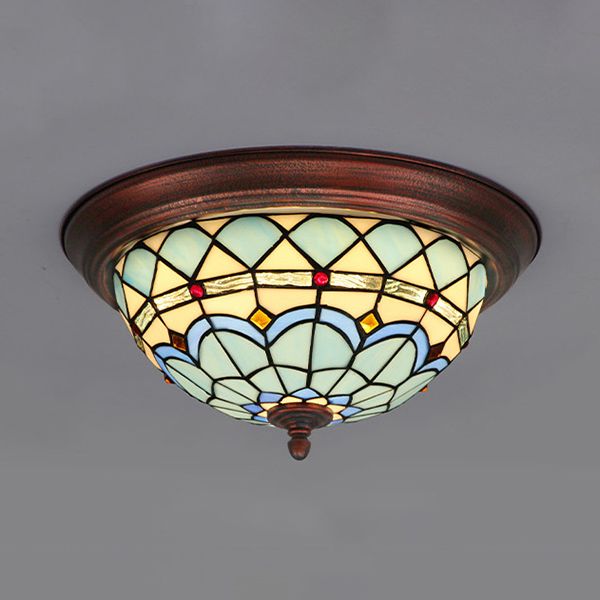 Industrial Vintage Dome Shape Flushmount Ceiling Light Stained Glass 1 Light Flush Mount Ceiling Fixture in White/Clear/Blue